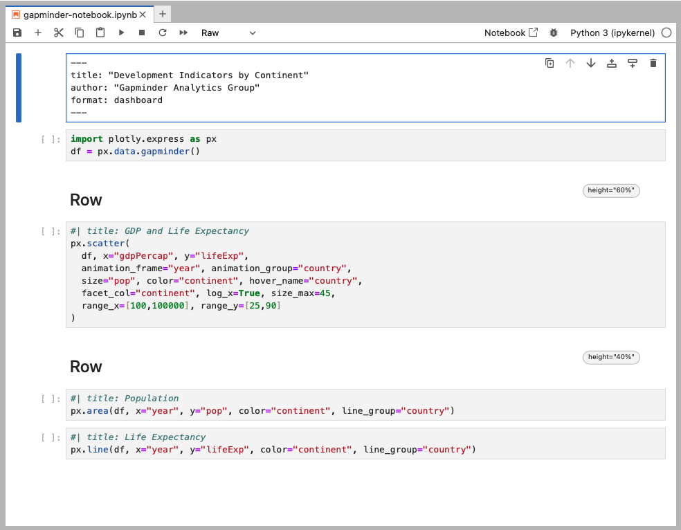 Screenshot of a gapminder-notebook.ipynb open in Jupyter Lab. After cells for Quarto settings and python setup, there is a markdown cell containing the heading Row, followed by a python code cell generating a plot. Then another markdown cell containing the heading Row, followed by two python code cells each generating a plot.